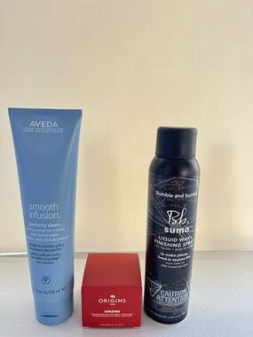 Aveda frizz control and heat styling cream+ Bumble and bumble liquid wax
